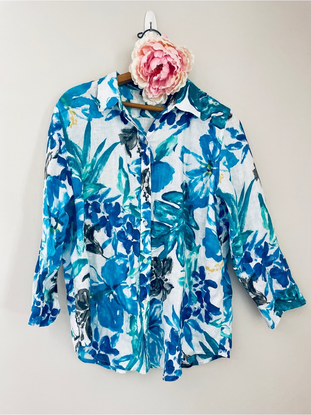 Lauren Ralph Lauren Teal Blue White Floral Linen Shirt Large